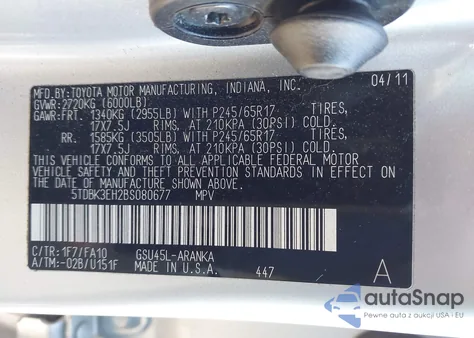 2011 Toyota Highlander Base V6 z USA, uszkodzony, nr VIN 5TDBK3EH2BS080677